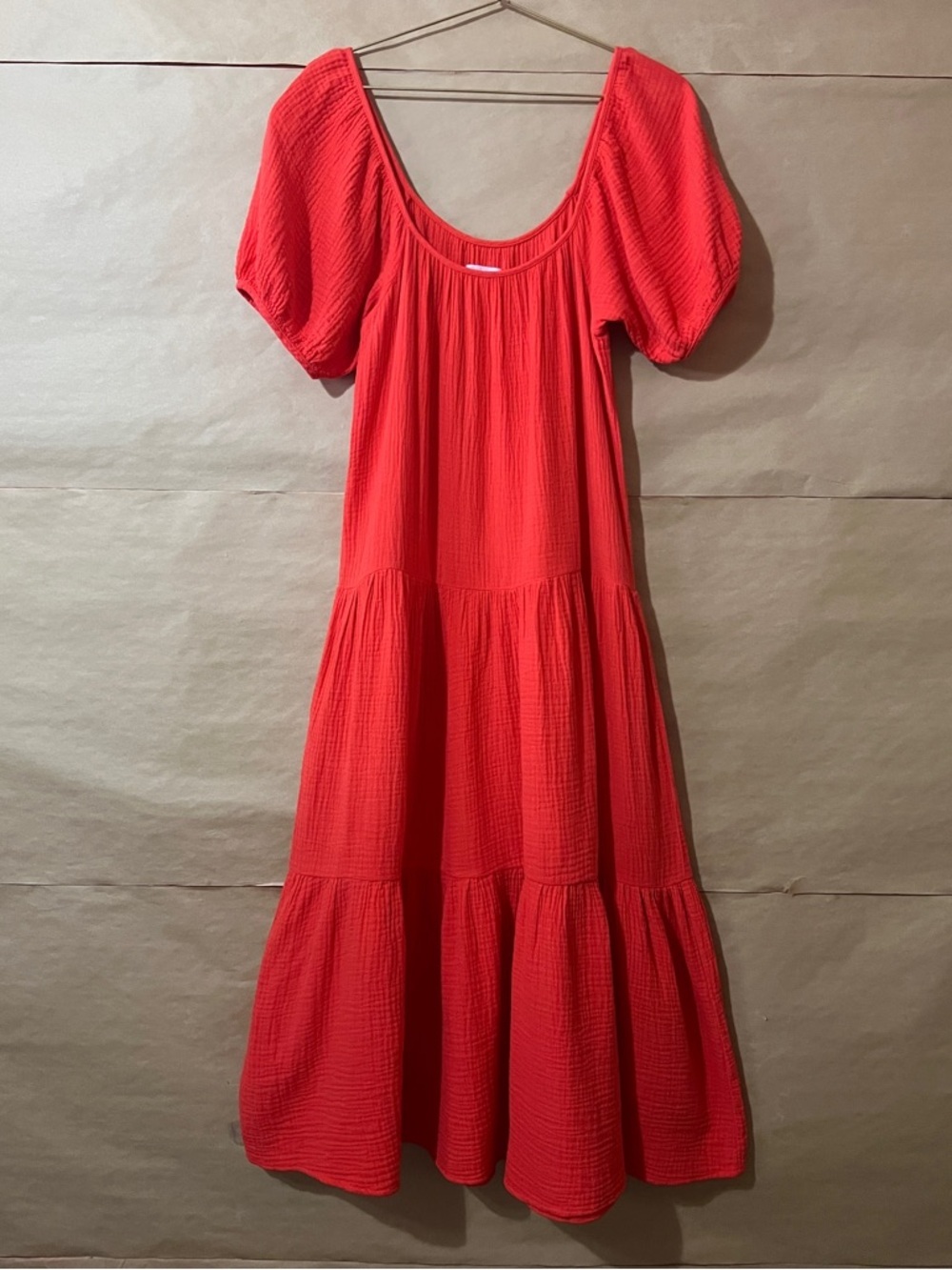 Honorine | Pamela Dress Cotton Gauze Tiered Midi Dress Puff Sleeve Red Size XS